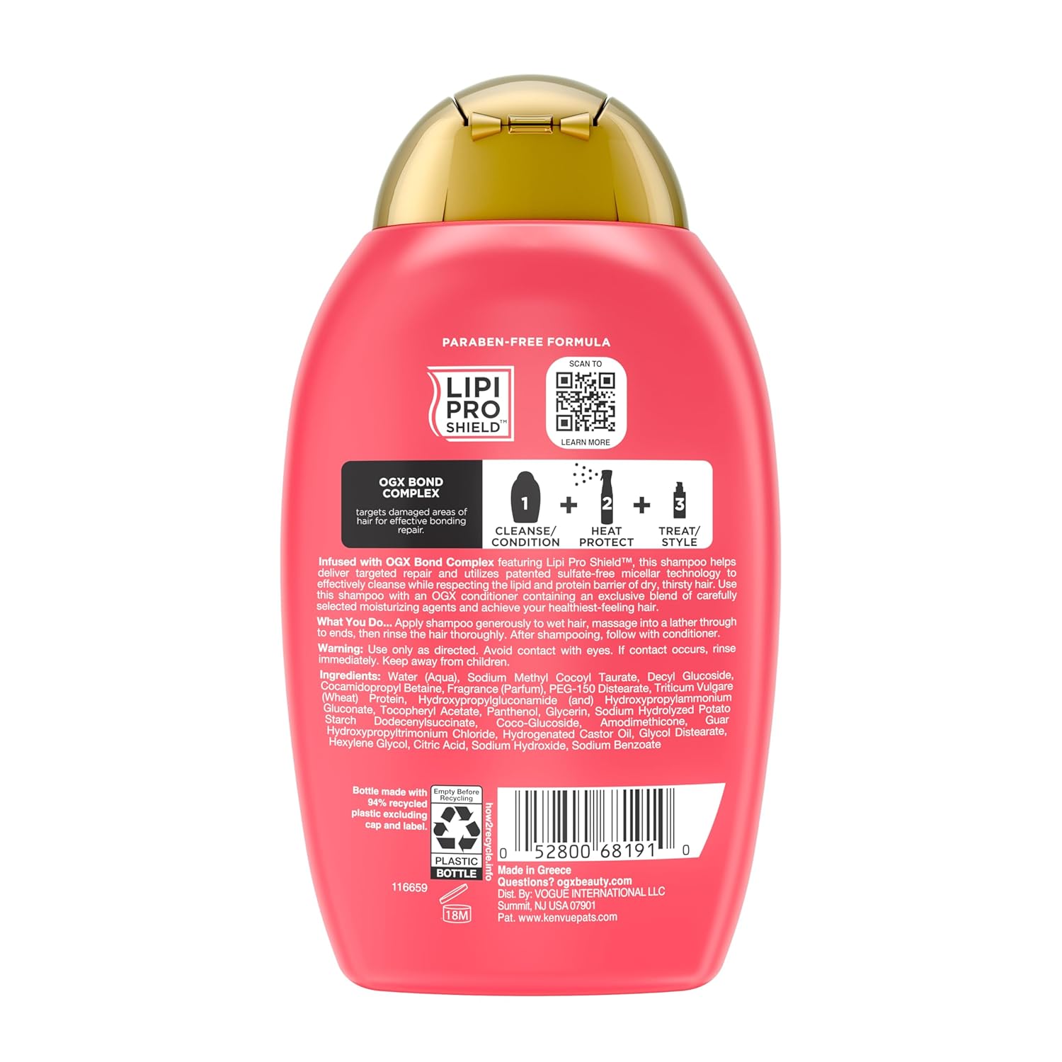 OGX Repair & Protect Bond Shampoo – Streamlined Shower Essential for Color-Treated Hair, Clean Formula 13 fl oz