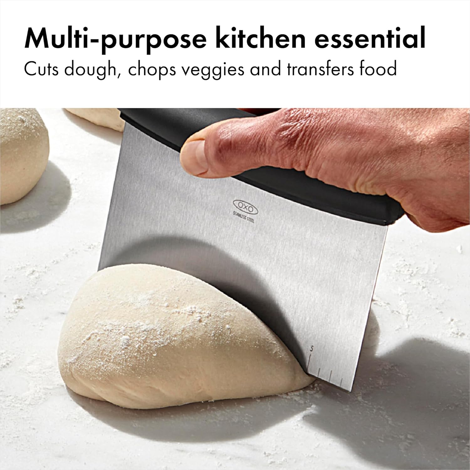 OXO Good Grips Stainless Steel Multi-Purpose Scraper & Chopper – Clutter-Free Compact Tool for Minimalist Countertop Cooking