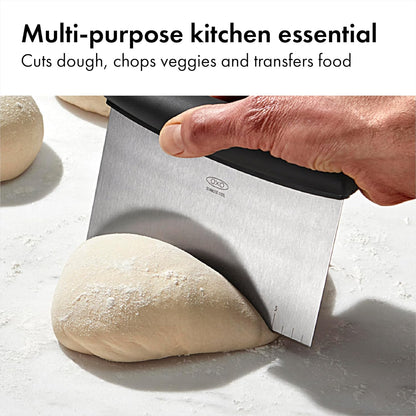 OXO Good Grips Stainless Steel Multi-Purpose Scraper & Chopper – Clutter-Free Compact Tool for Minimalist Countertop Cooking