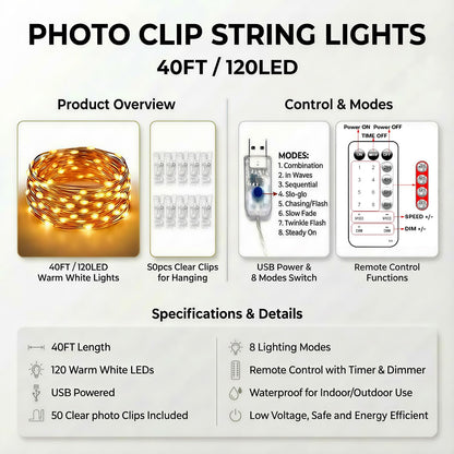 Photo Clip String Lights Valentine's Day Gift for Her - 40FT USB Fairy Lights with Remote for Teen Bedroom, Holiday Present for Teenage Girls