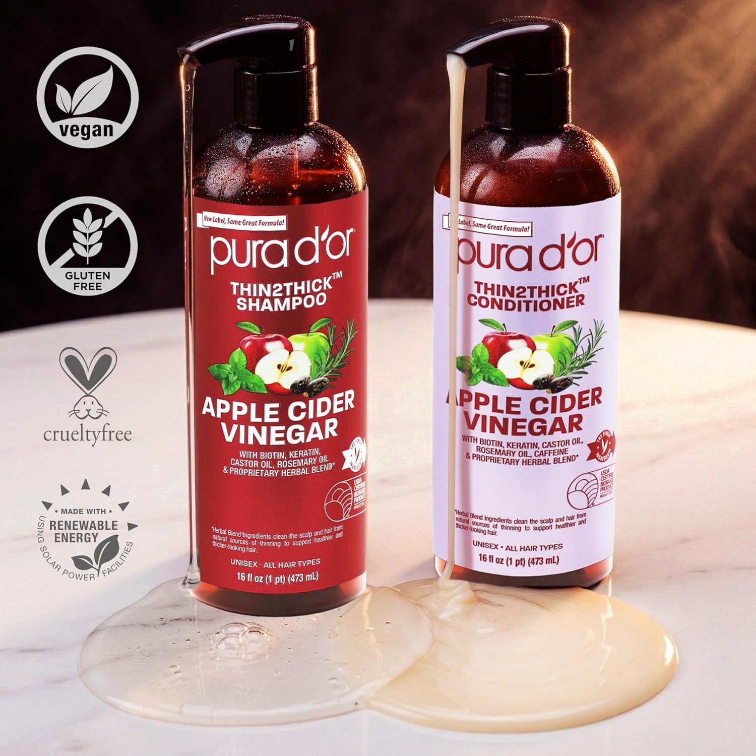 PURA D'OR Apple Cider Vinegar Hair Set — Evening Wind-Down Haircare Ritual for Fuller, Healthier Strands, Cruelty-Free, 2 x 16oz