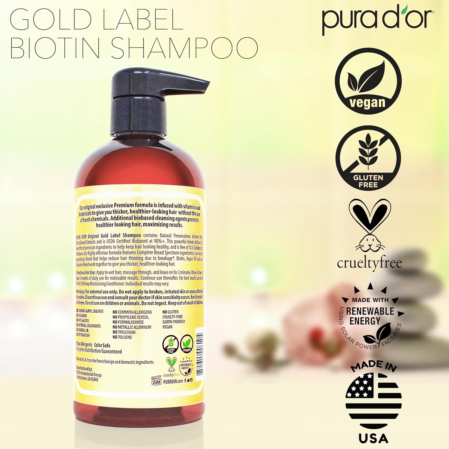 PURA D'OR Original Gold Label Shampoo – Skin-Safe Volumizing Wash Free from Parabens and Harsh Sulfates