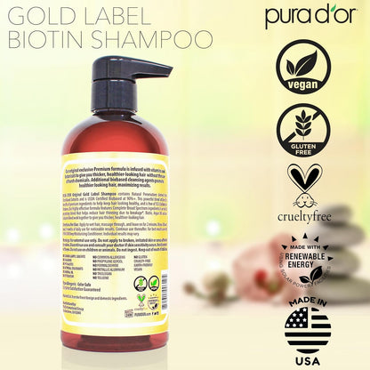 PURA D'OR Original Gold Label Shampoo – Skin-Safe Volumizing Wash Free from Parabens and Harsh Sulfates