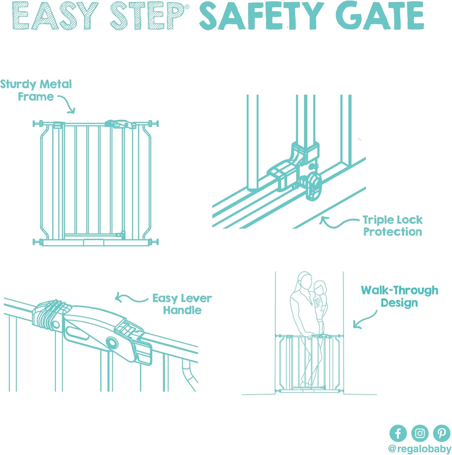 Regalo Pressure Mount Baby Gate with Door – No-Drill Stair Safety Gate for Crawling Babies, Toddlers and Pets, White Finish