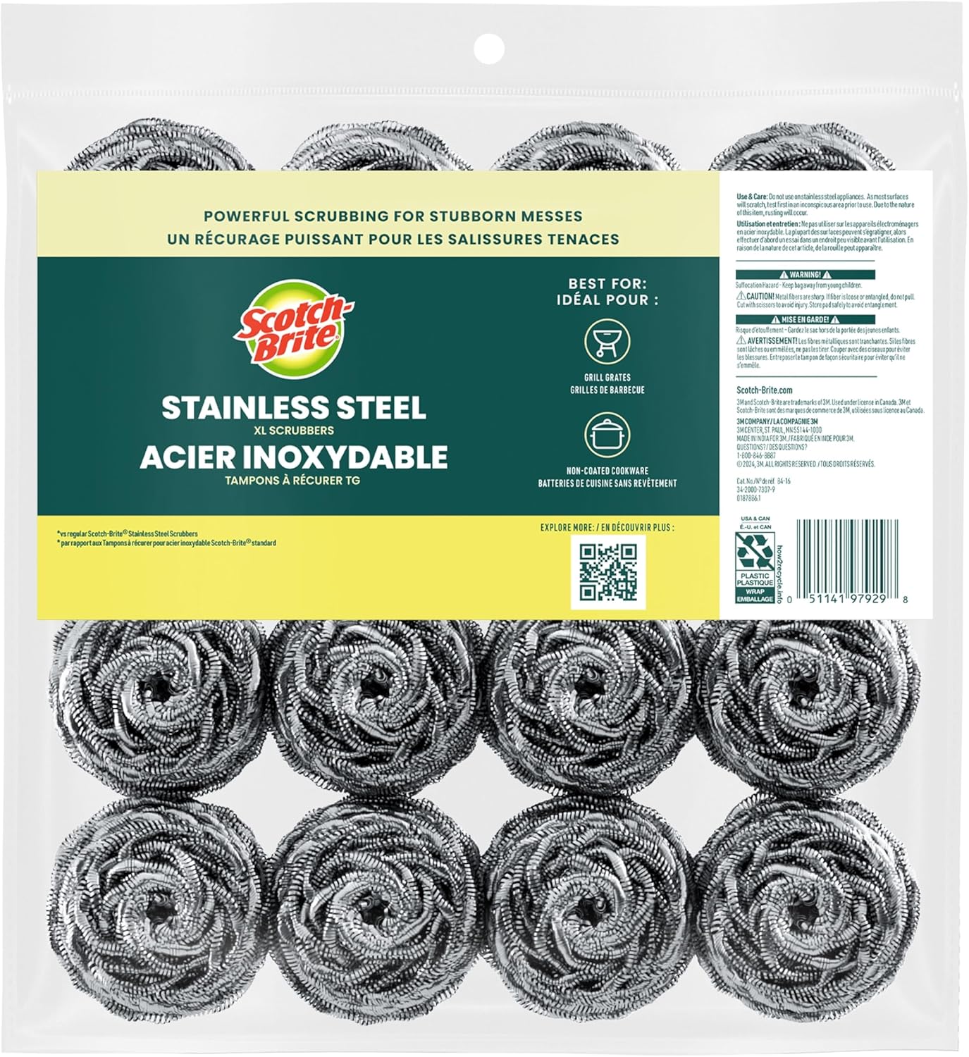 Scotch-Brite Metal Scrubbers for Office Break Rooms and Shared Workspaces, Bulk Scouring Pads for Daily Dish Duty Pack of 8
