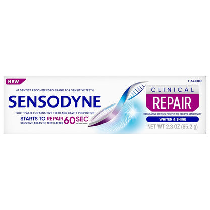 Sensodyne Clinical Repair Whiten & Shine Toothpaste – Elevated Vanity Counter Essential for Sensitive Teeth, 2.3 oz