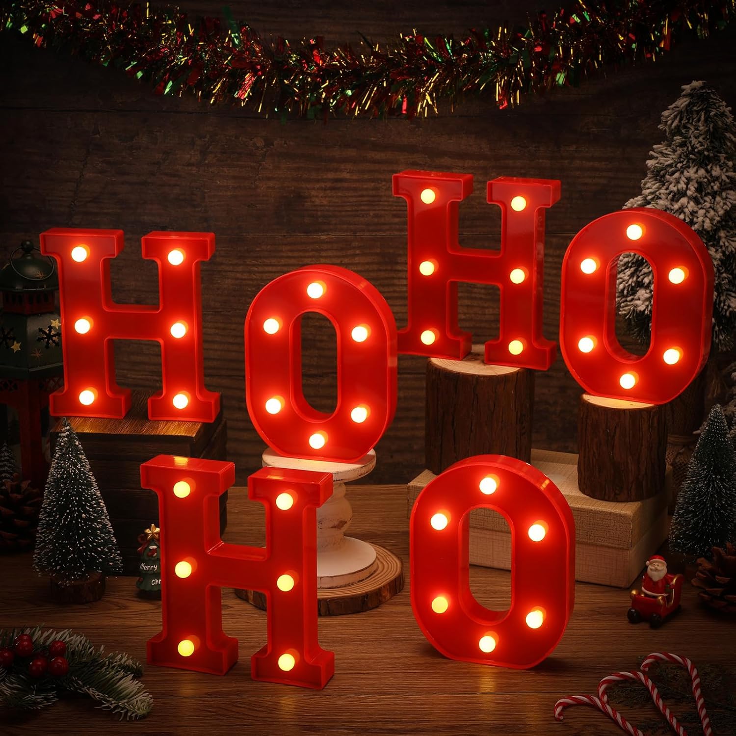 set of 6 individual led letters (3 h and 3 o in the hohoho version) in red