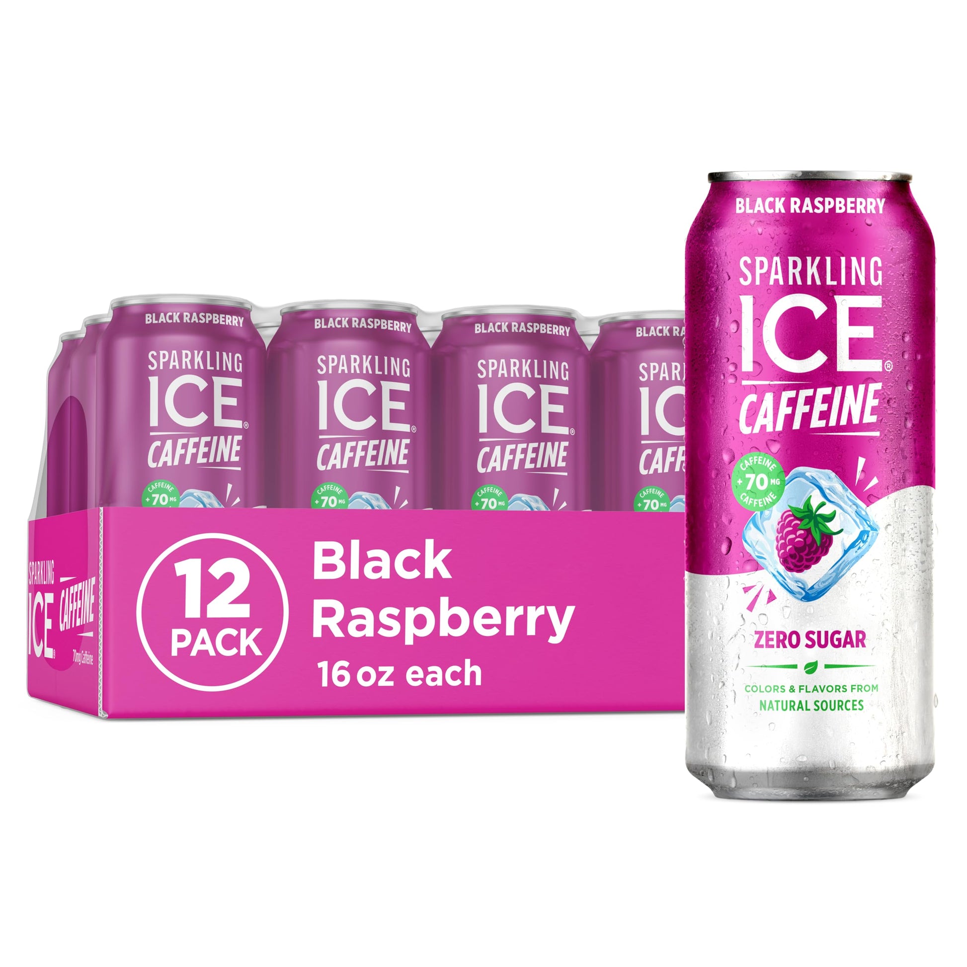 Sparkling Ice Caffeine Black Raspberry Sparkling Water for Home Office Focus, Zero Sugar Desk Drink with 70mg Caffeine