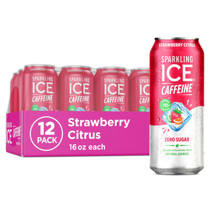 Sparkling Ice Caffeine Black Raspberry Sparkling Water for Home Office Focus, Zero Sugar Desk Drink with 70mg Caffeine