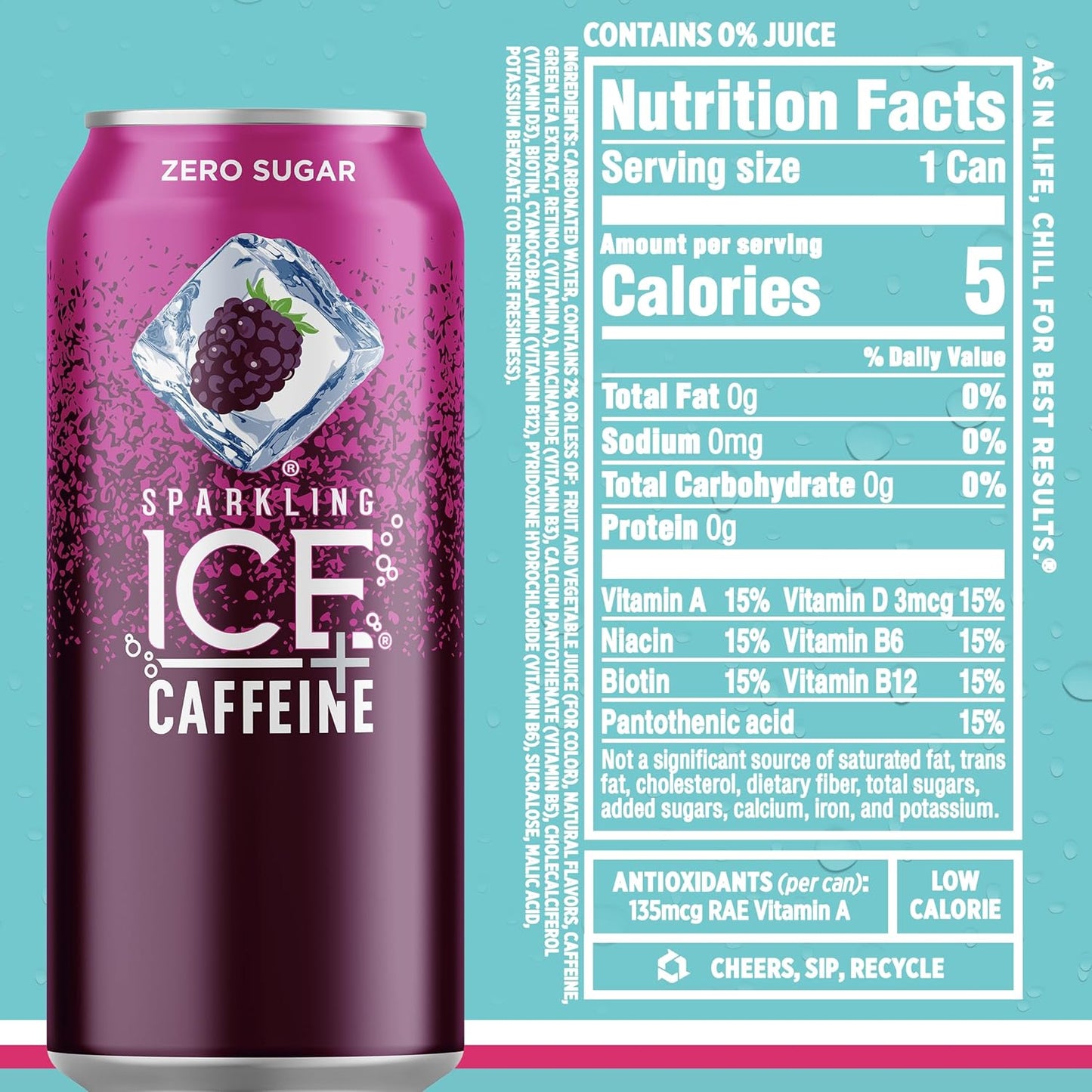 Sparkling Ice Caffeine Black Raspberry Sparkling Water for Home Office Focus, Zero Sugar Desk Drink with 70mg Caffeine