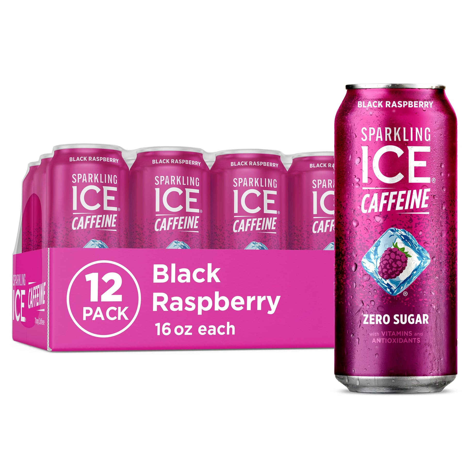 Sparkling Ice Caffeine Black Raspberry Sparkling Water for Home Office Focus, Zero Sugar Desk Drink with 70mg Caffeine