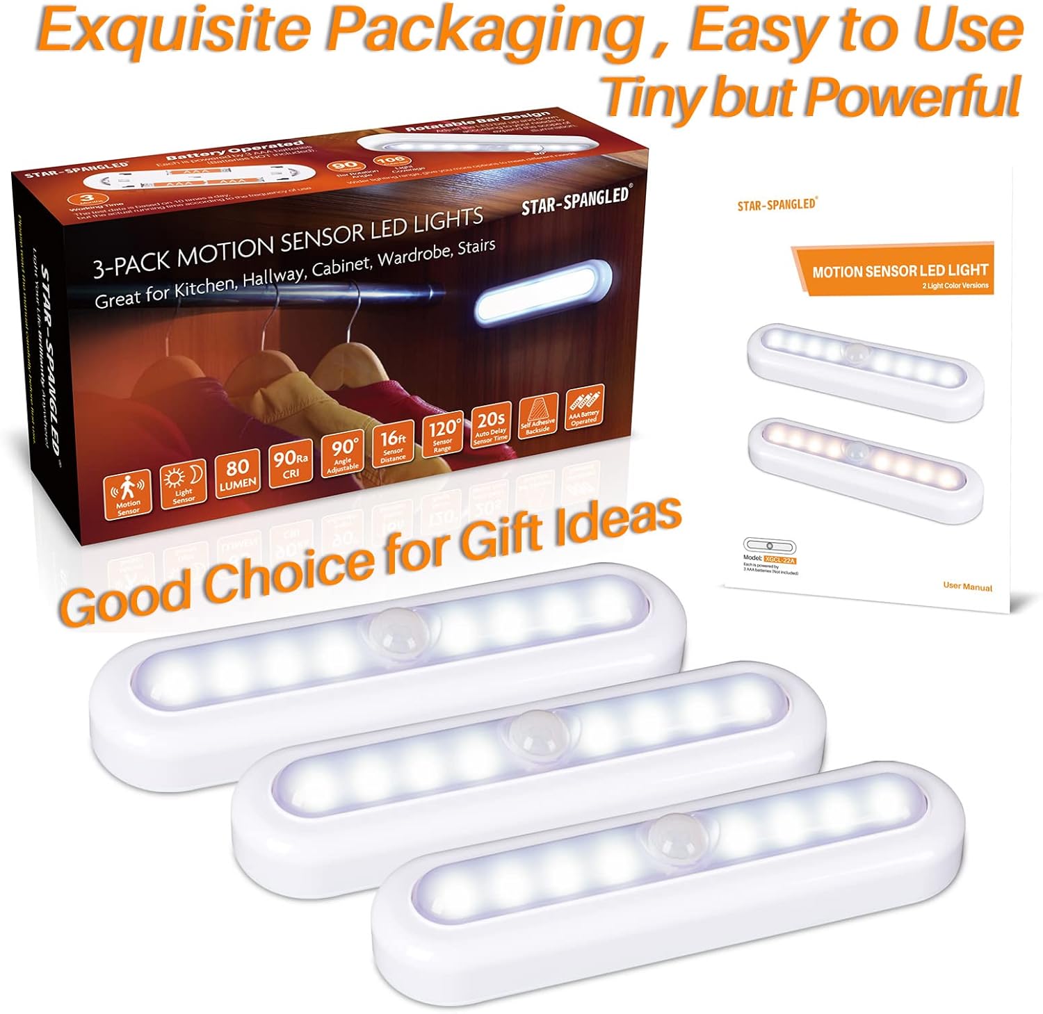 STAR-SPANGLED 7” Stick on LED Light Battery Powered – Split Body Motion Sensor Light for an Uncluttered, Intentional Home