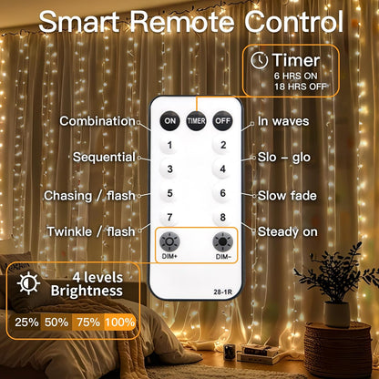 suddus Fairy Curtain Lights for Bedroom – Cozy Housewarming Gift for Women and Mom, 300 LED Warm White with 6H Auto Timer