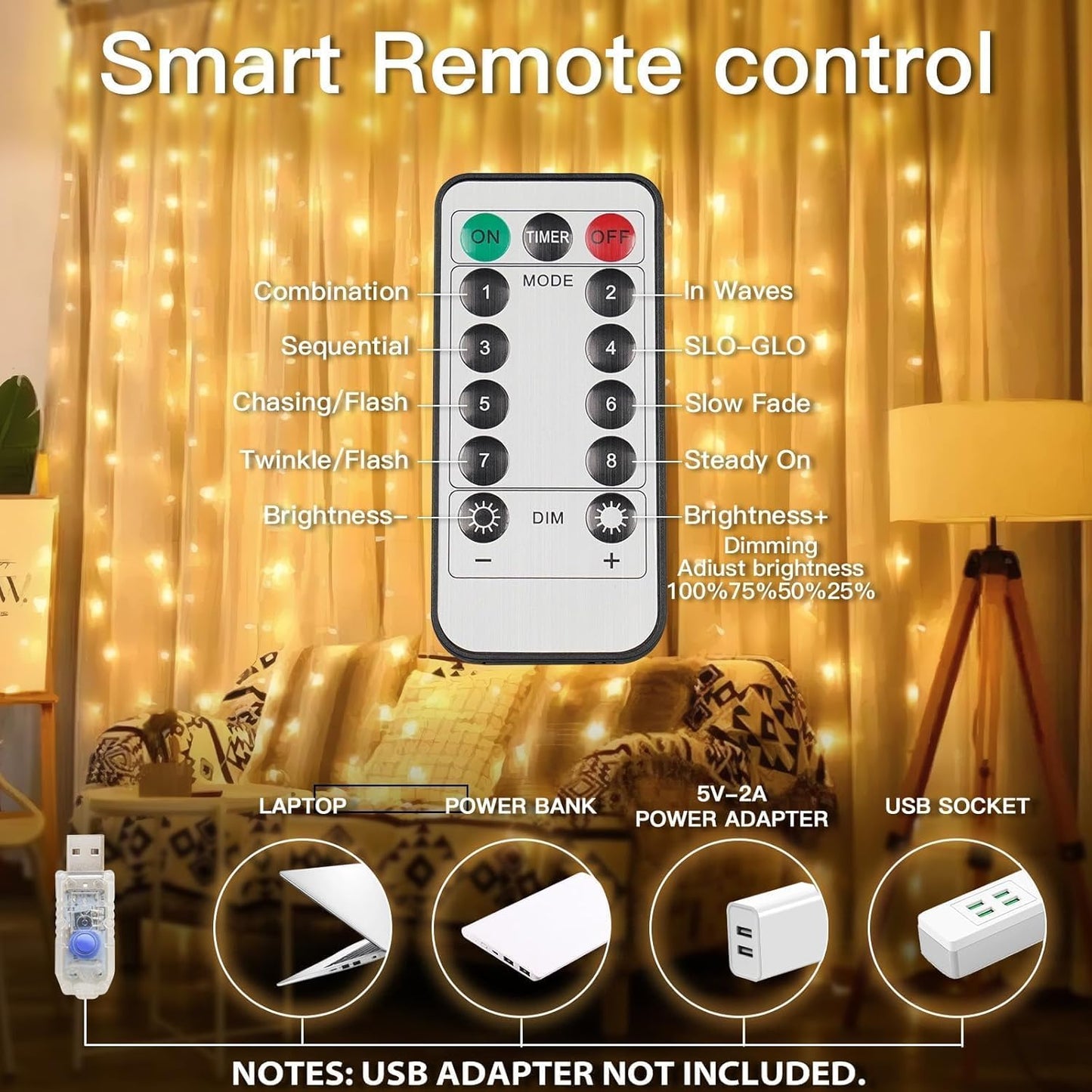 suddus LED Hanging Curtain Lights for Camping and Backyard – Portable USB Fairy Lights with 8 Modes and Timer