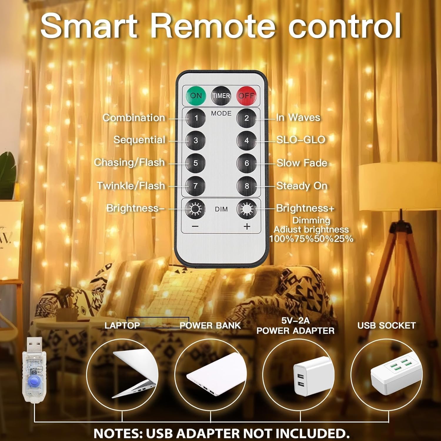 suddus LED Hanging Curtain Lights for Camping and Backyard – Portable USB Fairy Lights with 8 Modes and Timer