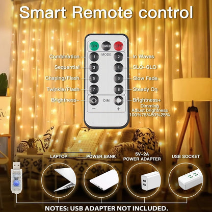 suddus LED Hanging Curtain Lights for Camping and Backyard – Portable USB Fairy Lights with 8 Modes and Timer