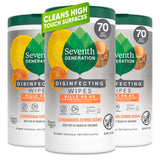 Seventh Generation Disinfecting Wipes, Lemongrass Citrus Scent, 70 Count, Quick One-Step Cleaner for Commuter Cars, Door Handles, and Coffee Shop Counters