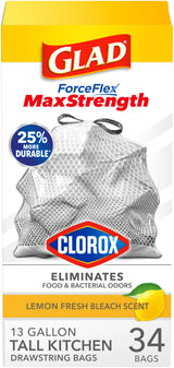 Glad ForceFlex MaxStrength Kitchen Trash Liners 13 Gallon — Streamlined Drawstring Closure for an Uncluttered, Intentional Home, Febreze, 90 Pack