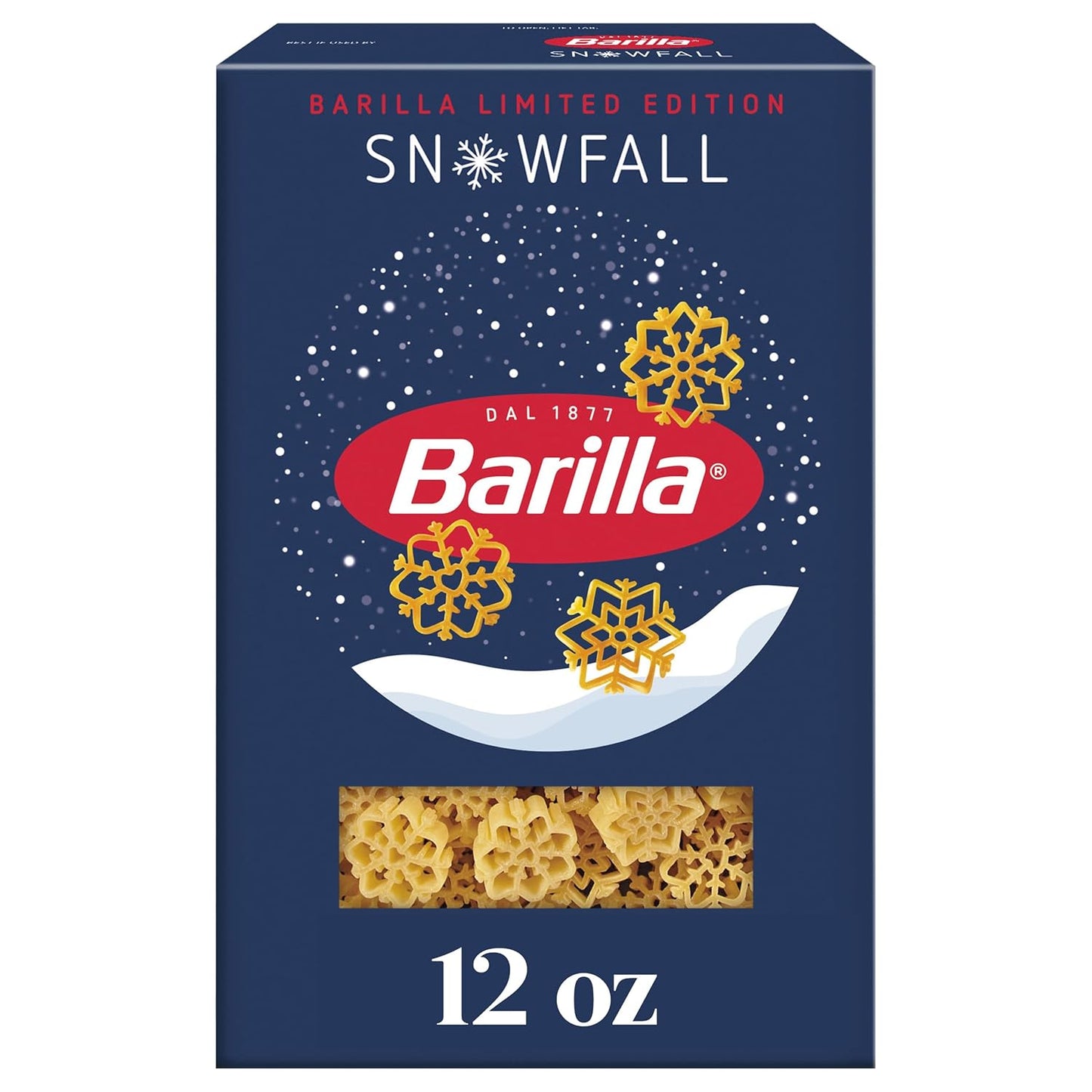 three distinct snowflake pasta shapes included in each box