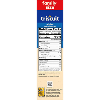 Triscuit Original Whole Grain Wheat Crackers – Non-GMO Heart-Healthy Crackers for Dining Table and Pantry, 12.5 oz