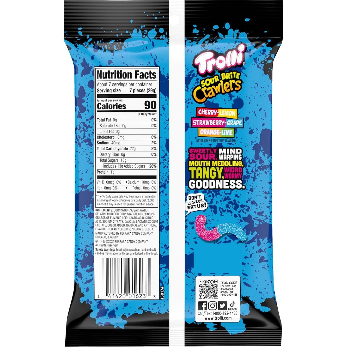 Trolli Sour Brite Crawlers Sour Worms – Kids Snack for Candy Buffets, Piñatas and Classroom Treats, 7.2 oz Bag