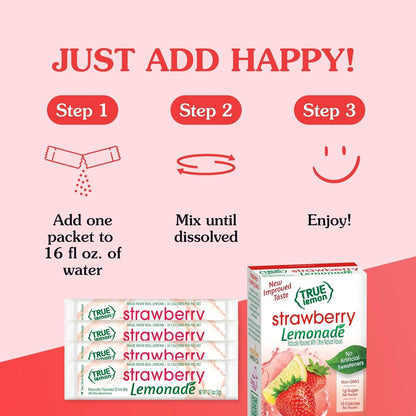 True Citrus True Lemon Strawberry Lemonade Powdered Mix – Family Friendly Low-Sugar Drink for Pantry and Road Trips