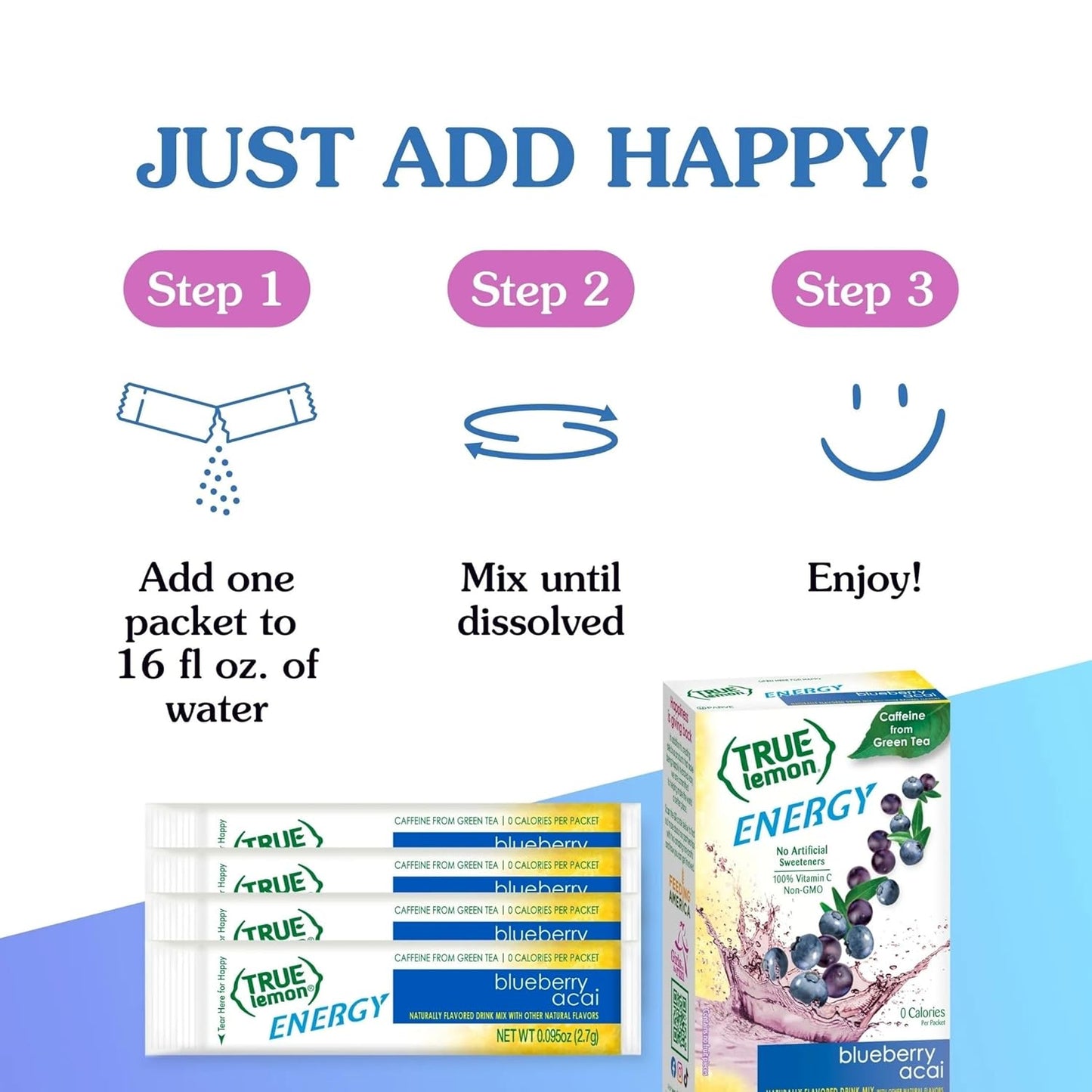 True Lemon Energy Blueberry Acai – Study and Work Hydration Stick Packs with 120mg Clean Green Tea Caffeine