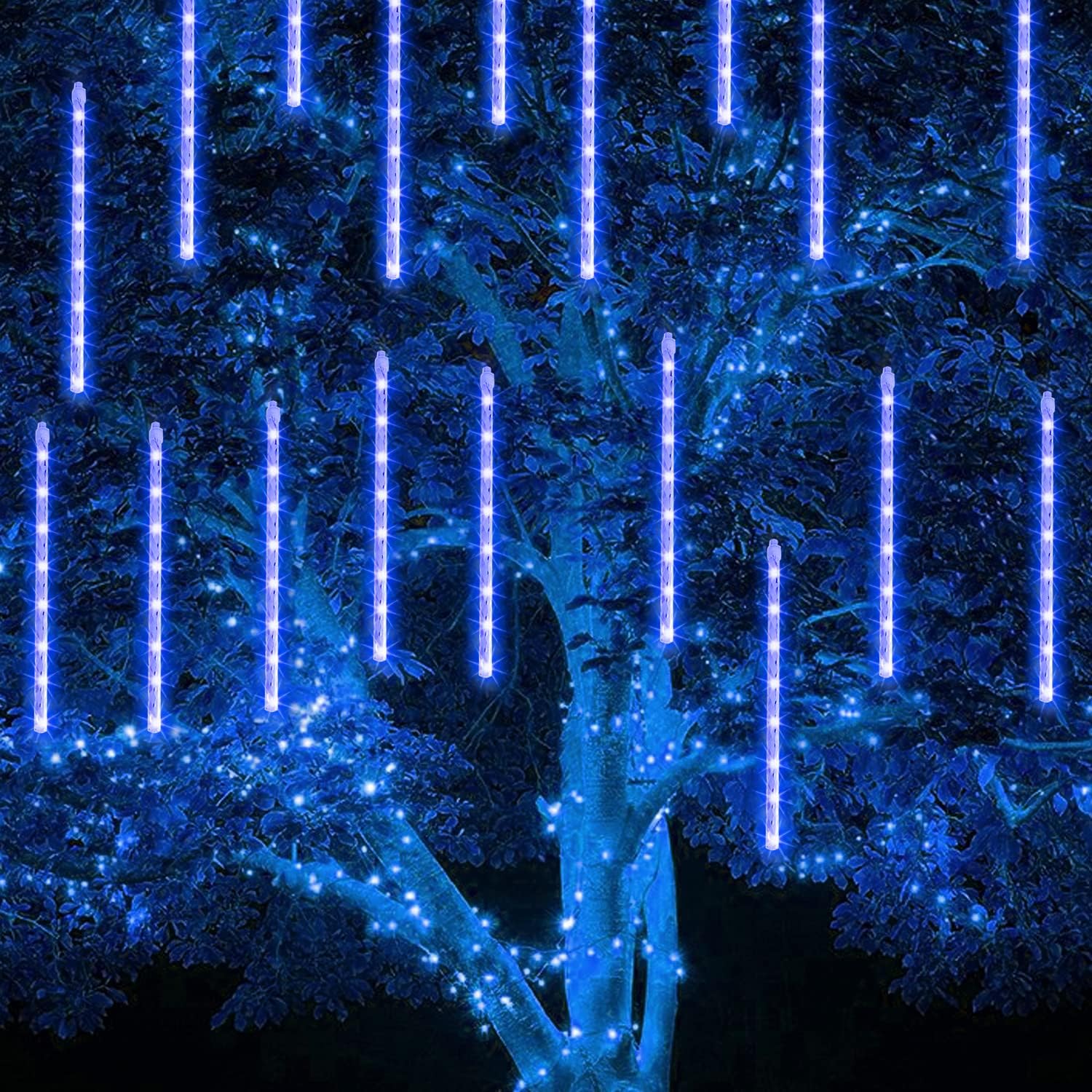 TW SHINE Cool Touch Christmas Meteor Lights 7V, No Heat Flame Free Blue LED Tubes for Bedroom Porch and Yard