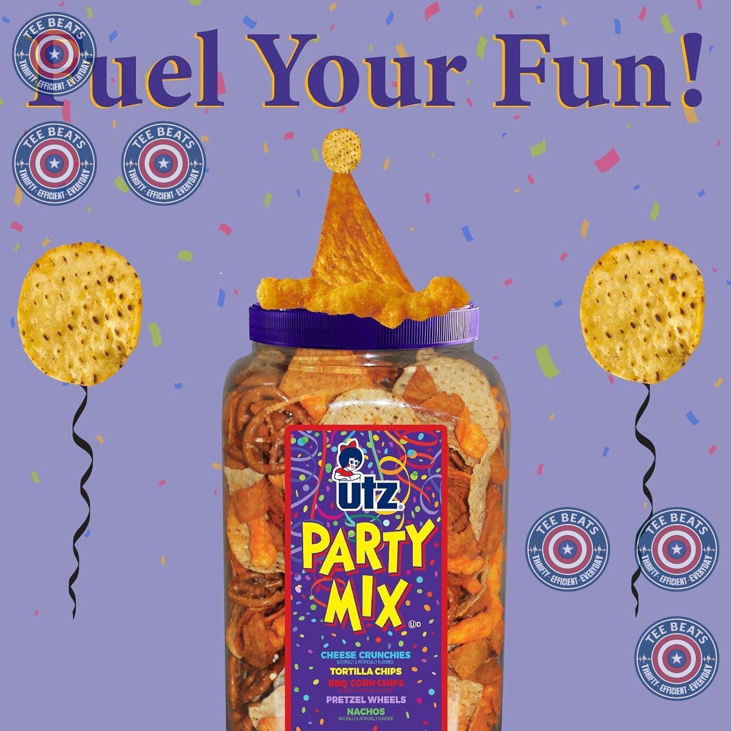 Utz Party Mix 26 oz Barrel - Kid-Friendly After-School Snack for Lunchboxes and Playroom Pantry Stocking