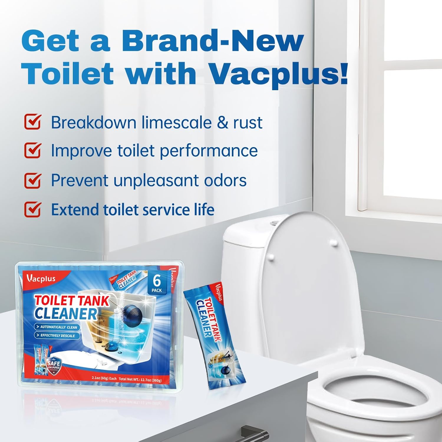 Vacplus Toilet Tank Cleaner - 6 Pack Septic-Safe Tablets for Peace of Mind in Your Home Spa Bathroom