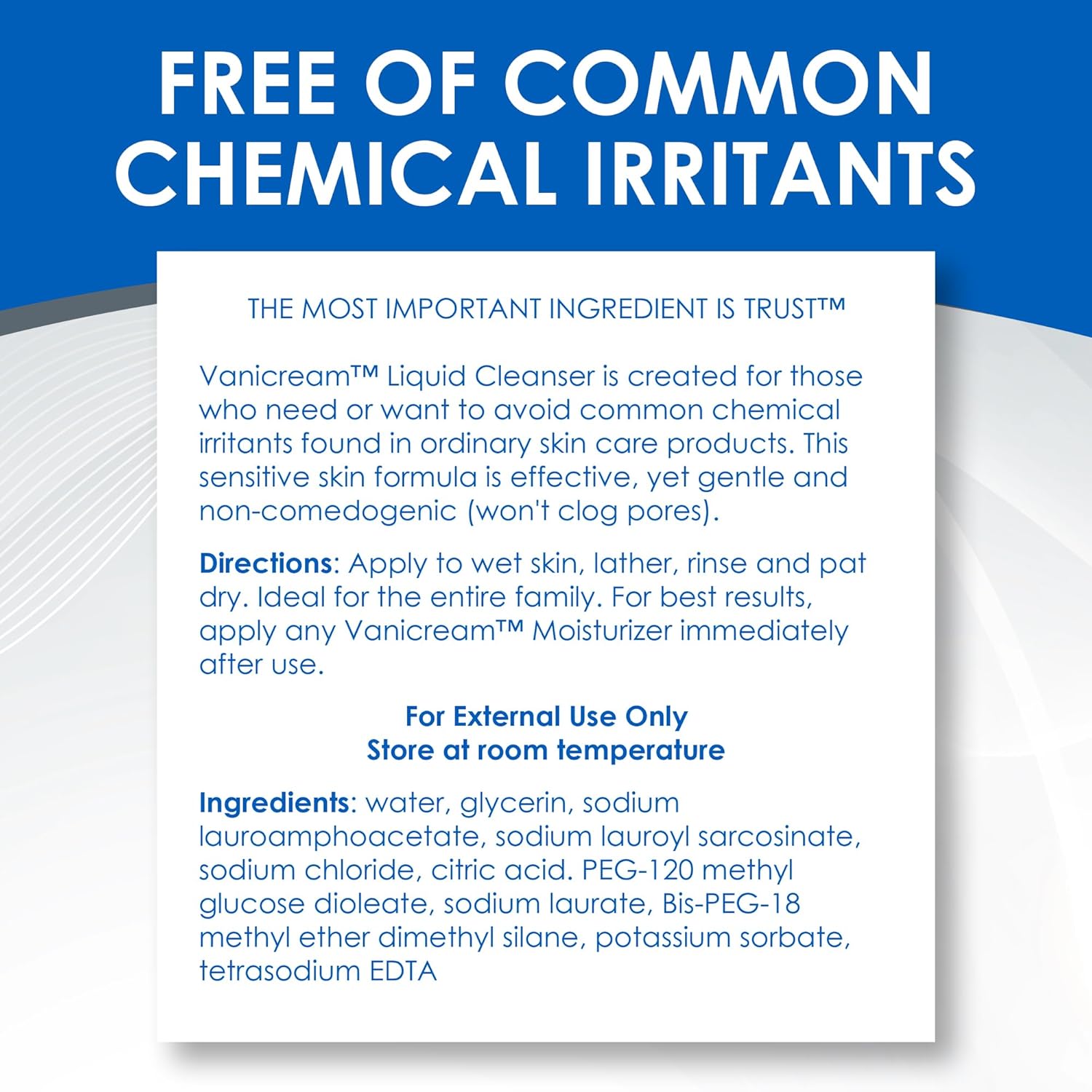 Vanicream Liquid Cleanser – Non-Toxic Family Cleanser for Reactive Skin, Dermatologist-Tested Hypoallergenic Formula
