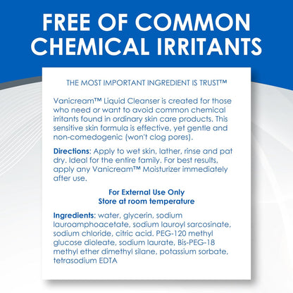 Vanicream Liquid Cleanser – Non-Toxic Family Cleanser for Reactive Skin, Dermatologist-Tested Hypoallergenic Formula