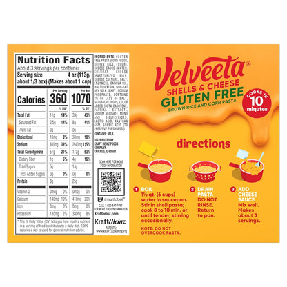 Velveeta Gluten Free Shells & Cheese, Self Care Dinner for Newly Diagnosed Celiac Adults, 12 oz Box
