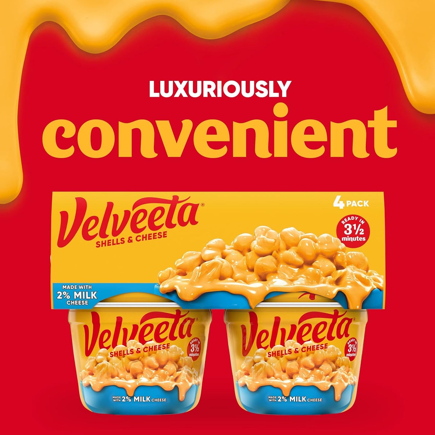 Velveeta Shells & Cheese 2% Milk Cheese Microwaveable Shells – Easy After-School Snack for Kids, 3.5-Minute Prep, 4 ct Pack