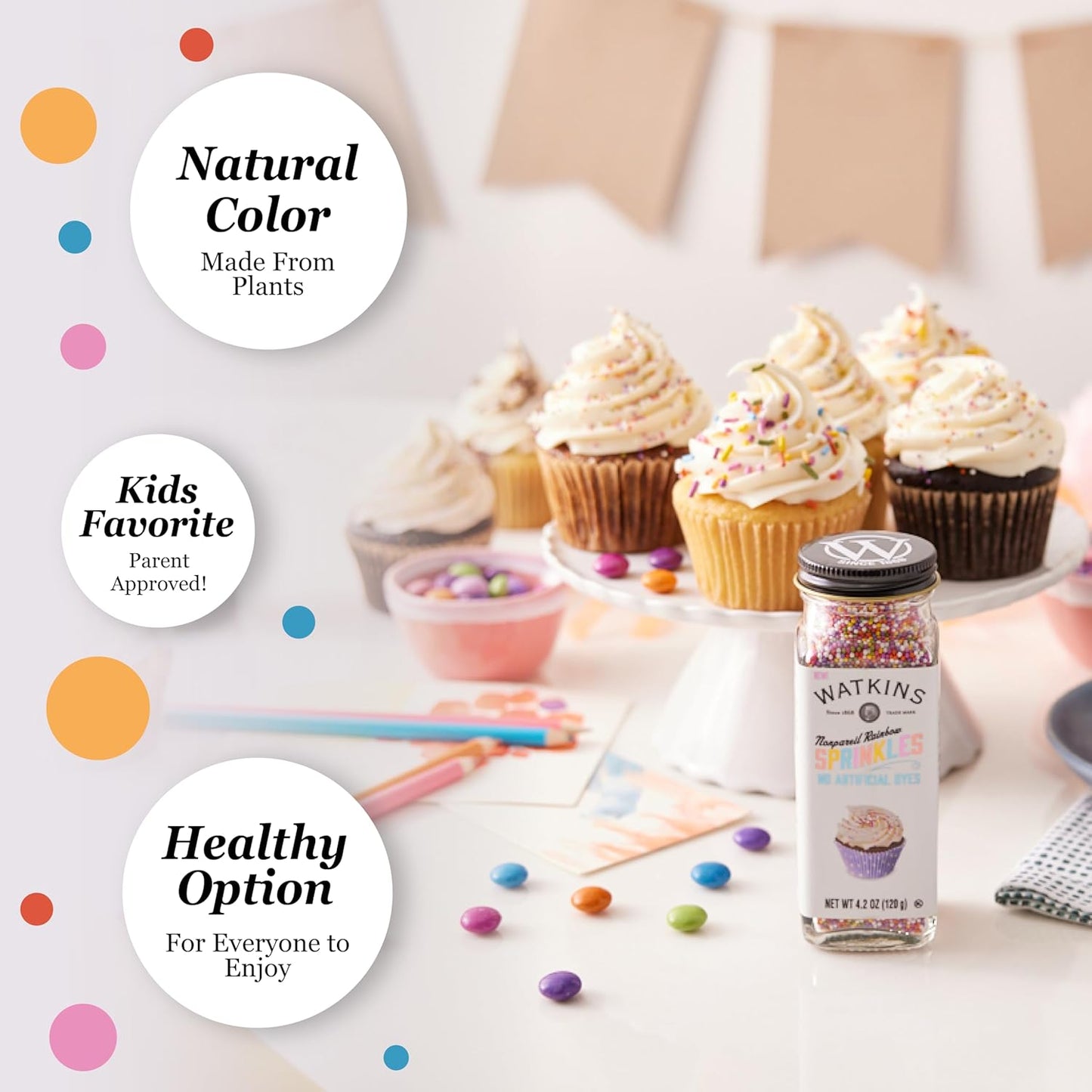 Watkins Rainbow Nonpareils Sprinkles – FD&C Dye Free Topping for Clean Ingredient Homemade Ice Cream and Brownie Finishing