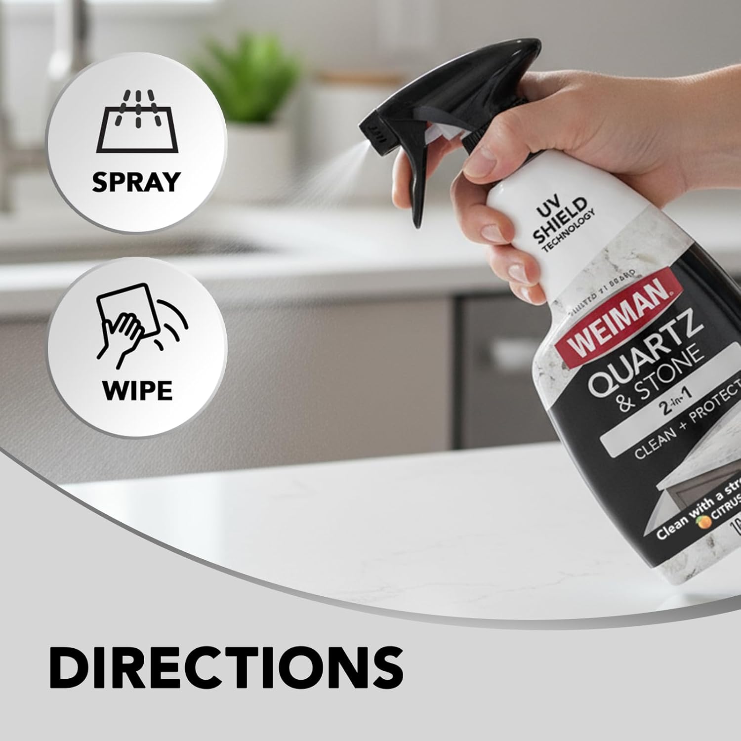 Weiman Quartz Countertop Cleaner and Polish for Modern Kitchen Countertops, Residue-Free Citrus Polish with UV Defense