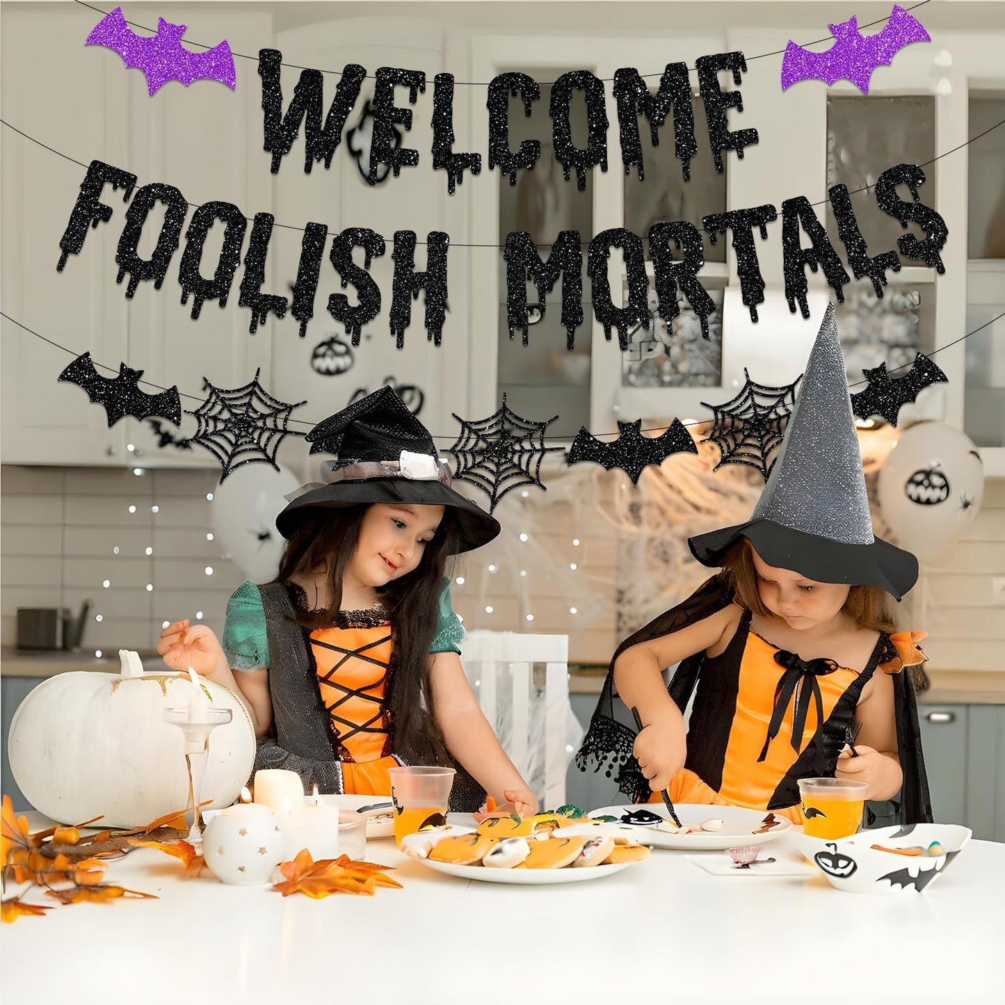 Welcome Foolish Mortals Halloween Wall Decor – Family-Friendly Party Backdrop for Kids' Trick-or-Treat Table and Hallway Display