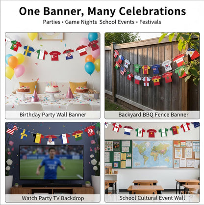 WorldDecor Backyard Tailgate Decor International Soccer Jersey Flag String 50 Pieces for Open Air Match Day Parties