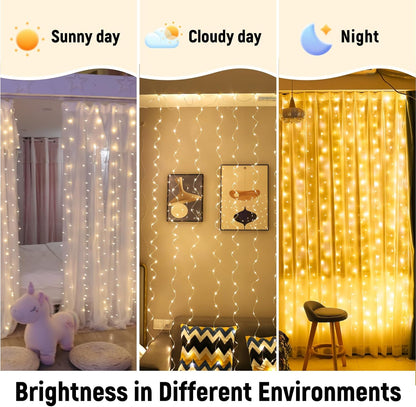 ZSJWL LED Curtain String Lights, 9.8 × 9.8 Ft 8 Lighting Modes USB Plug in Calming Twinkle Backdrop for Bath Time and Mindful Evening Ambiance